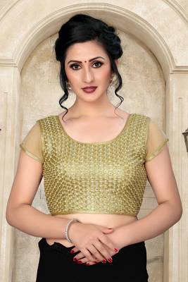 Beige Women'S Sequence Embroiderey Silk With Round Neck Blouse 1