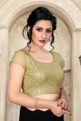 Beige Women'S Sequence Embroiderey Silk With Round Neck Blouse 3