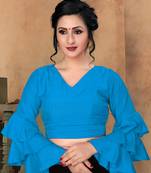 Blue Women'S Silk With V Neck Blouse