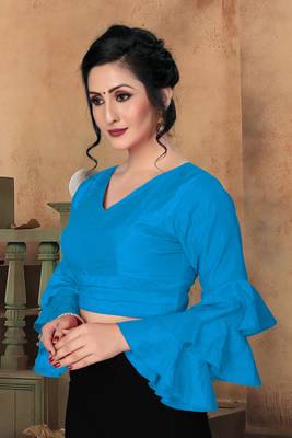 Blue Women'S Silk With V Neck Blouse 4