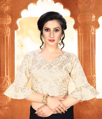 Beige Women'S Brocade With V Neck Blouse 1