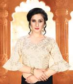 Beige Women'S Brocade With V Neck Blouse