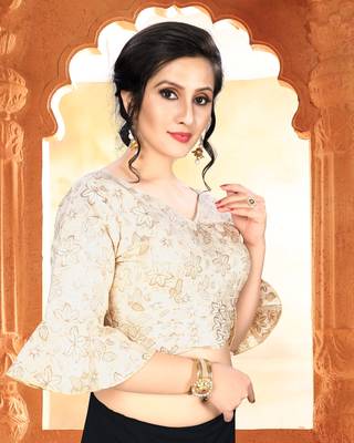 Beige Women'S Brocade With V Neck Blouse 3