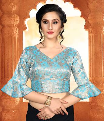 Blue Women'S Brocade With V Neck Blouse 1