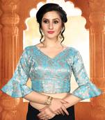 Blue Women'S Brocade With V Neck Blouse