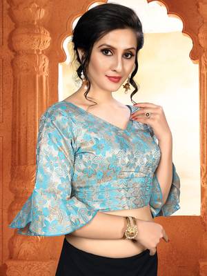 Blue Women'S Brocade With V Neck Blouse 3