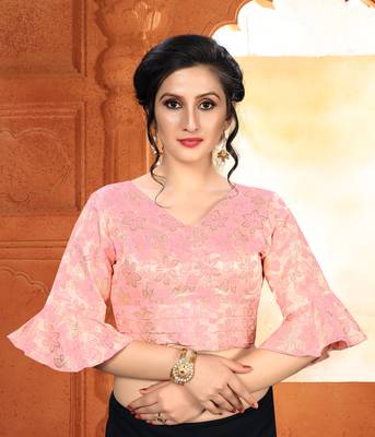Pink Women'S Brocade With V Neck Blouse 1