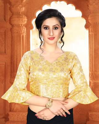 Yellow Women'S Brocade With V Neck Blouse 1