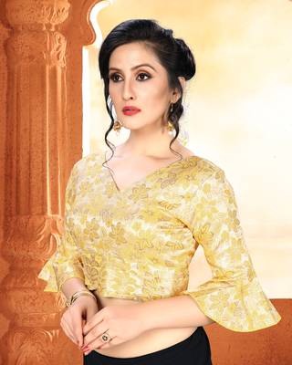 Yellow Women'S Brocade With V Neck Blouse 4