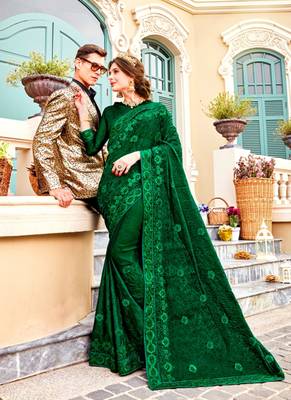   dark green embroidered chiffon saree with blouse 1