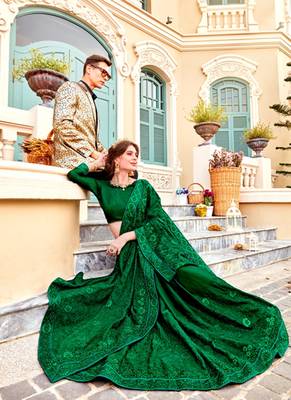   dark green embroidered chiffon saree with blouse 2