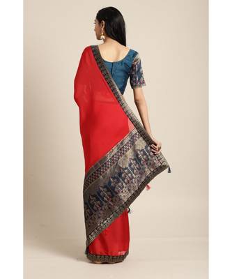 Red Woven Silk blend saree with blouse 2