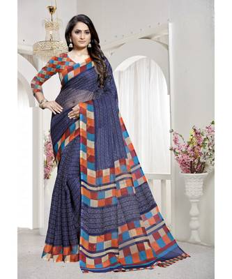 Blue Printed Silk blend saree with blouse 1