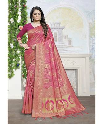Pink woven Silk blend saree with blouse 1
