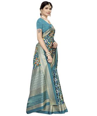 turquoise woven Silk blend saree with blouse 5