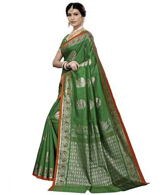 Green Printed Art Silk saree with blouse 4