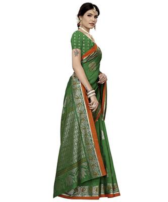 Green Printed Art Silk saree with blouse 5