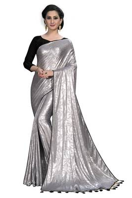 Silver plain silk blend saree with blouse 1
