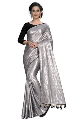 Silver plain silk blend saree with blouse 2