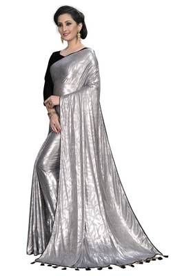 Silver plain silk blend saree with blouse 3
