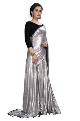 Silver plain silk blend saree with blouse 4
