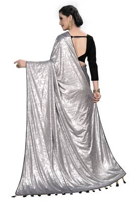 Silver plain silk blend saree with blouse 5