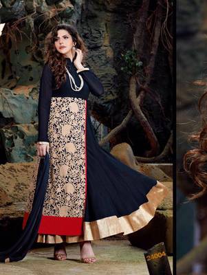 Dark Blue Red and Golden Semi Georgette Party Wear Designer Suit 1