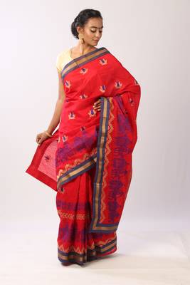 Red Embroidered Cotton Silk Saree With Blouse 1