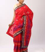 Red Embroidered Cotton Silk Saree With Blouse