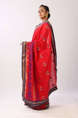 Red Embroidered Cotton Silk Saree With Blouse 3
