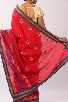 Red Embroidered Cotton Silk Saree With Blouse 4