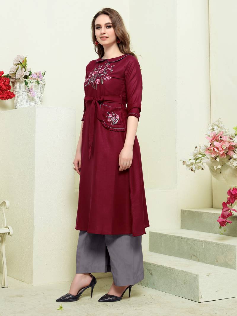 Darkmaroon embroidered silk embroideredkurtis Elevate Women 2995841