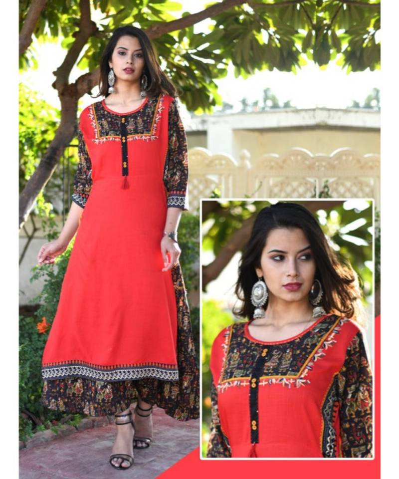 Red embroidered cotton Kurti