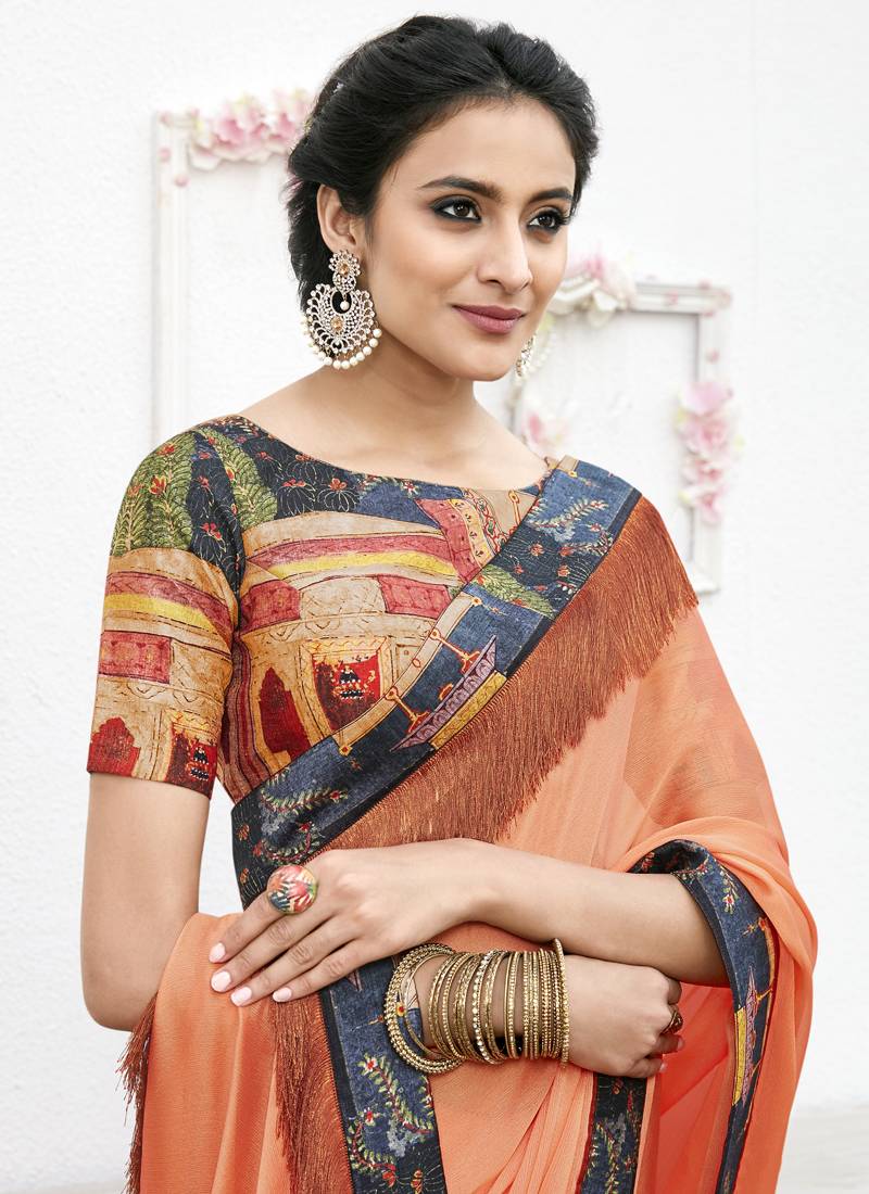 orange plain saree contrast blouse