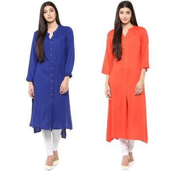 rayon blue orange straight combo kurti 1