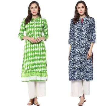 cotton rayon blue green combo designer kurtis 1