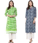 cotton rayon blue green combo designer kurtis