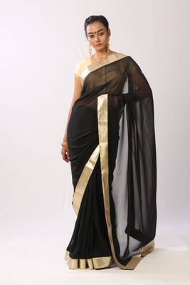Black plain georgette saree with blouse 1