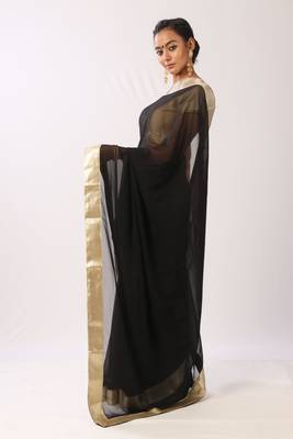 Black plain georgette saree with blouse 2