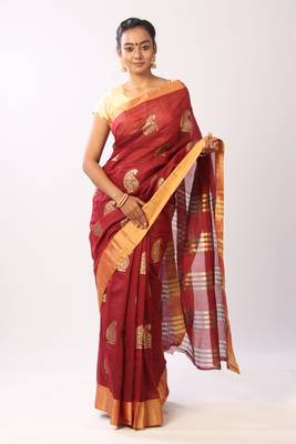 Maroon Printed cotton silk saree with blouse 1