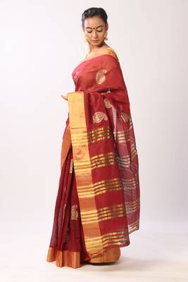 Maroon Printed cotton silk saree with blouse 2