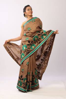 Brown embroidered art silk saree with blouse 1