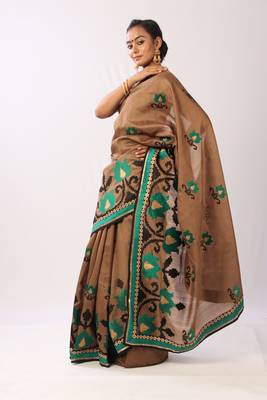 Brown embroidered art silk saree with blouse 2