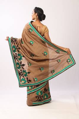 Brown embroidered art silk saree with blouse 3