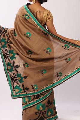 Brown embroidered art silk saree with blouse 4