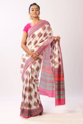 Pink printed cotton silk saree with blouse 1