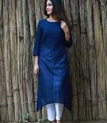 Blue plain cotton long-kurtis