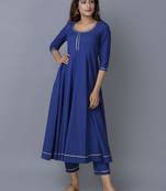 Blue plain cotton long-kurtis