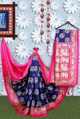Navy Blue Banarasi Art Silk Saree With Blouse 1