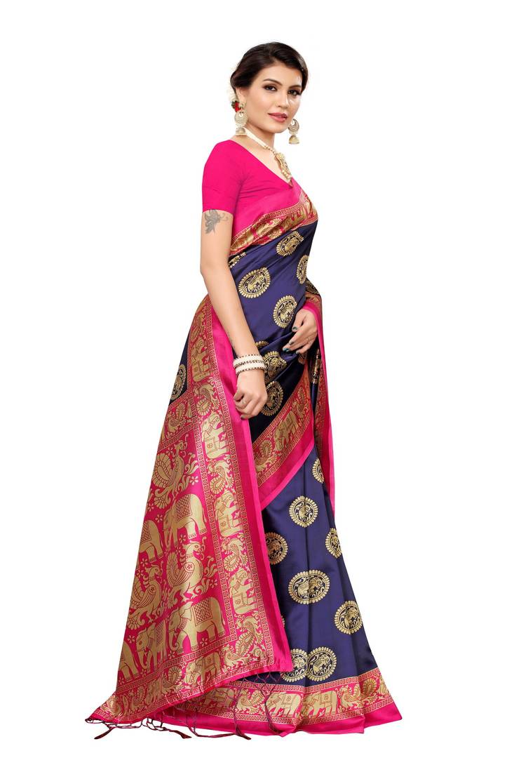 Navy Blue Banarasi Art Silk Saree With Blouse